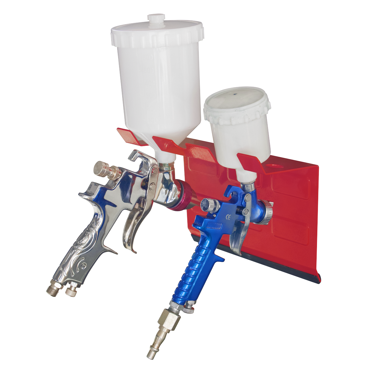 Two paint spray guns (one silver and one blue) are mounted on a red **Magnetic Spray Gun Holder - 2 Gun - MSH03** by **Sealey**, set against a white background. The silver gun features a larger white paint container, while the blue gun has a smaller one. This setup includes heavy-duty magnetic brackets offering secure storage for the spray guns.