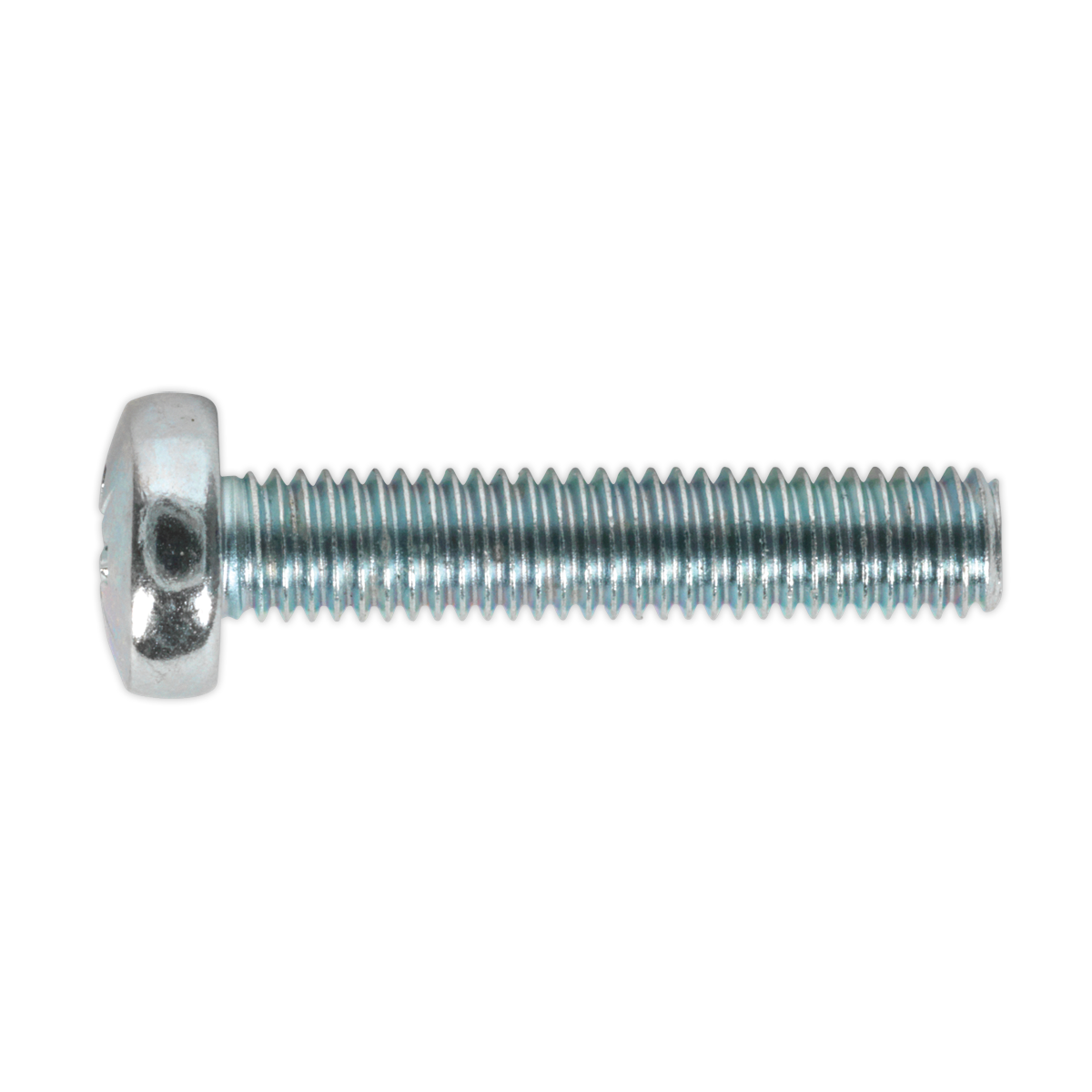 A close-up of a Sealey Machine Screw M5 x 25mm Pan Head Pozi Zinc (MSP525), featuring a Pozi pan head and threaded shaft, shown horizontally against a white background.