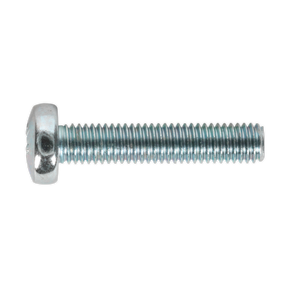 A close-up of a Sealey Machine Screw M5 x 25mm Pan Head Pozi Zinc (MSP525), featuring a Pozi pan head and threaded shaft, shown horizontally against a white background.