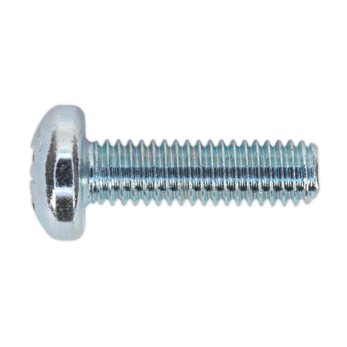 Close-up of a Sealey Machine Screw M6 x 20mm with a Pozi Pan Head and threaded shaft, showcased against a white background.