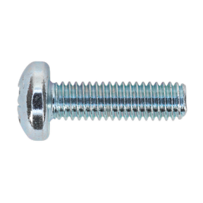 Close-up of a Sealey Machine Screw M6 x 20mm with a Pozi Pan Head and threaded shaft, showcased against a white background.