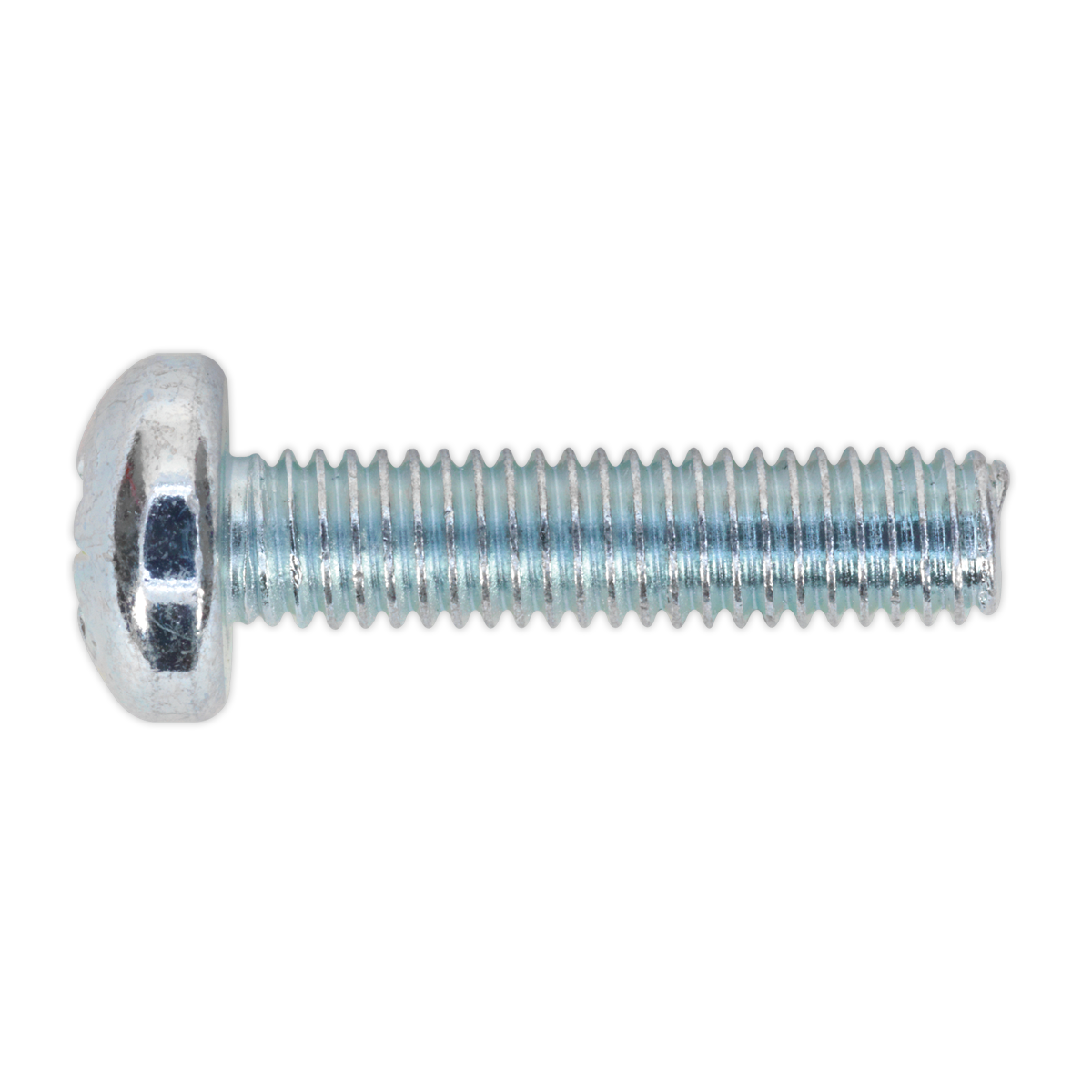 A close-up image of the Sealey Machine Screw M6 x 25mm Pan Head Pozi Zinc (Pack of 50 - MSP625) showcasing its round head and threaded shaft, highlighting the Pozi pan head design compliant with DIN 7985Z.