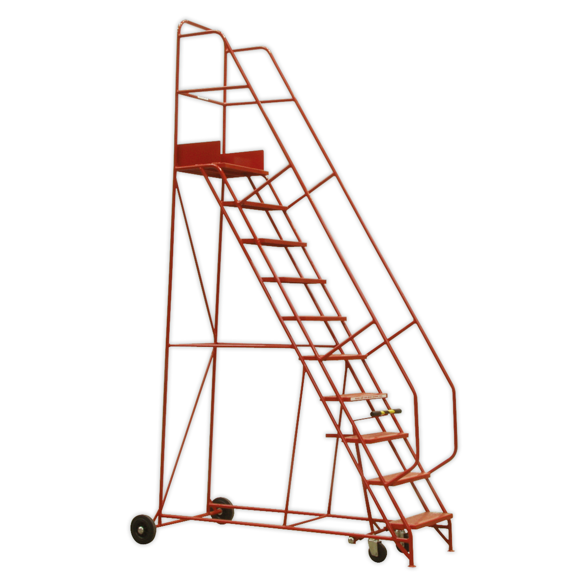 The Sealey Mobile Safety Steps 3-Tread (MSS03) features a robust steel tube construction, non-slip step treads, and wheels at the base for easy movement.