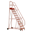 The Sealey Mobile Safety Steps 11-Tread - MSS11 is a red industrial rolling ladder equipped with handrails, non-slip step treads, and base wheels. It features a robust steel tube construction to ensure stability and safety.