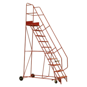 The Sealey Mobile Safety Steps 11-Tread - MSS11 is a red industrial rolling ladder equipped with handrails, non-slip step treads, and base wheels. It features a robust steel tube construction to ensure stability and safety.