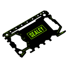 A black, credit card-sized multi-functional tool card branded "Sealey," named the Pocket Multi-Tool 50 in 1 - MT501, featuring steel durability and equipped with various embedded tools such as wrenches, bottle openers, a saw edge, and a ruler.