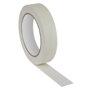 A roll of Sealey Masking Tape General-Purpose 24mm x 50m 60°C (MTG24P) with a single strip partially unrolled.