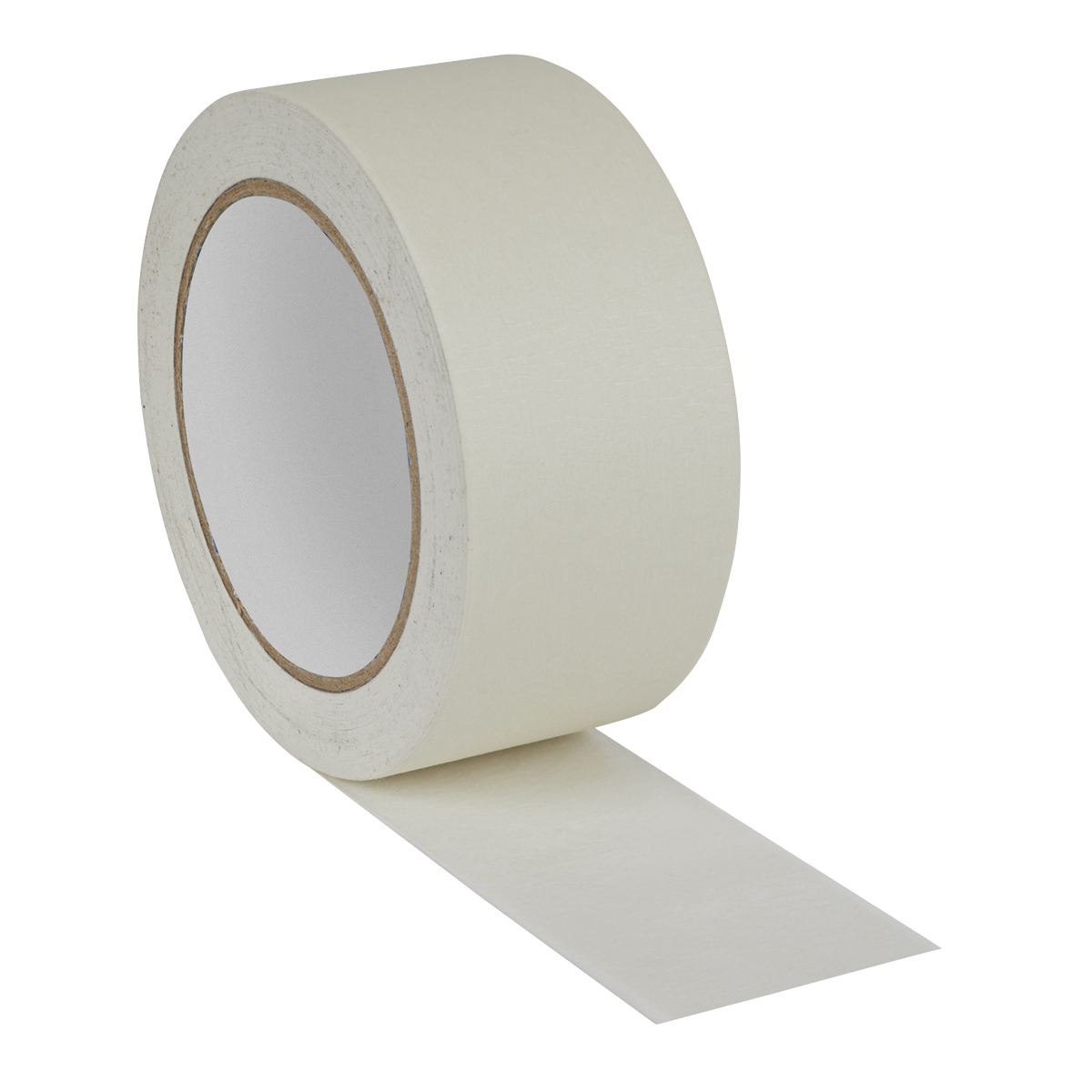 A roll of Sealey Masking Tape General-Purpose 48mm x 50m 60°C - MTG48P, partially unrolled with the adhesive side down and a sturdy cardboard core, perfect for general-purpose use.