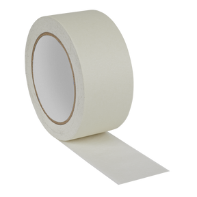 A roll of Sealey Masking Tape General-Purpose 48mm x 50m 60°C - MTG48P, partially unrolled with the adhesive side down and a sturdy cardboard core, perfect for general-purpose use.