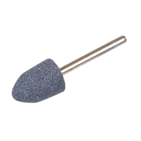 The Mounted Wheel Ø13 x 18mm Ø3mm Shaft - MW06 by Sealey is a conical grinding stone with a metal shank designed for rotary tools, such as die grinders, and is ideal for sharpening, deburring, and general grinding tasks.