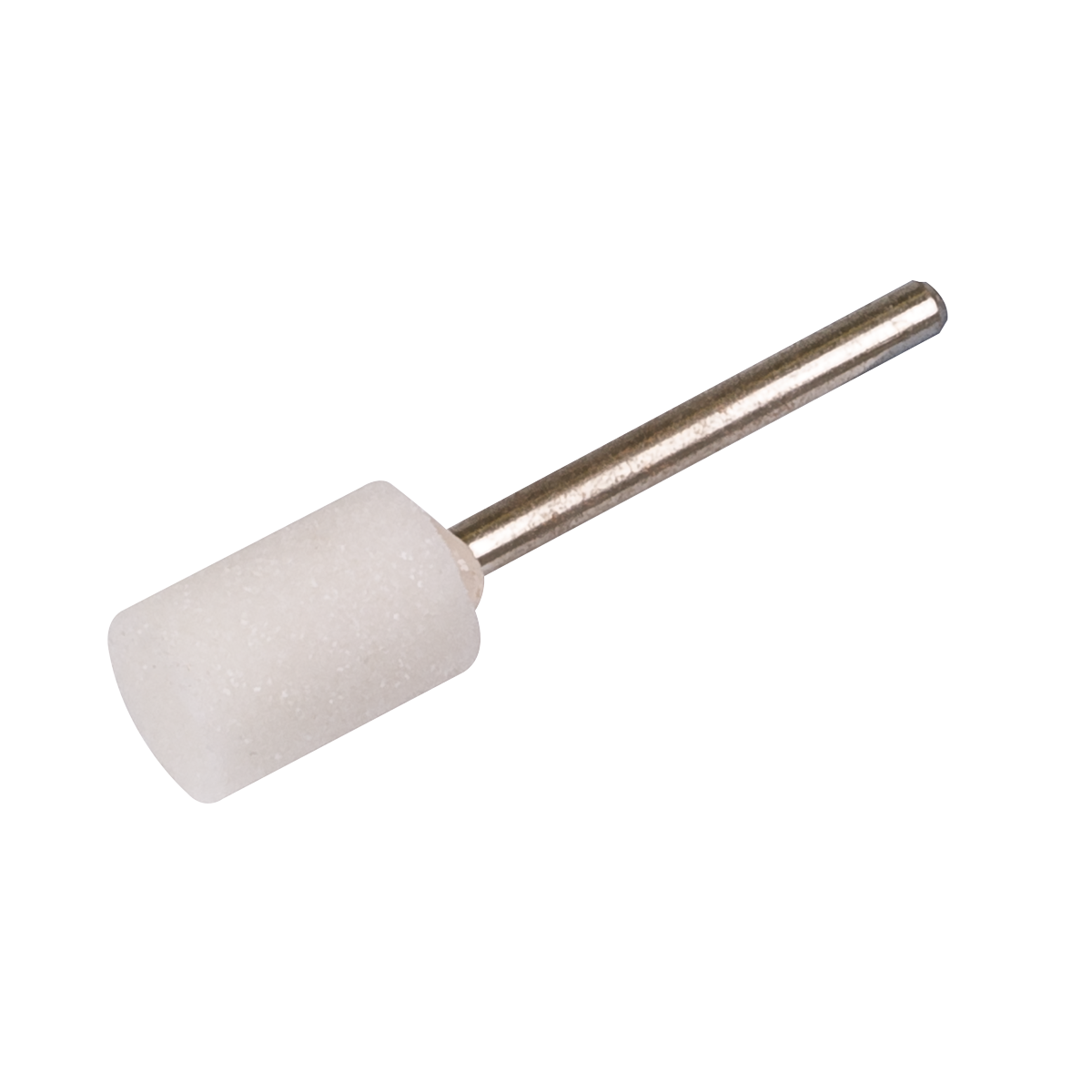 The Sealey Mounted Wheel Ø10 x 15mm Ø3mm Shaft - MW07 is a cylindrical white grinding stone head, ideal for sharpening, polishing, or grinding surfaces when used with a die grinder.