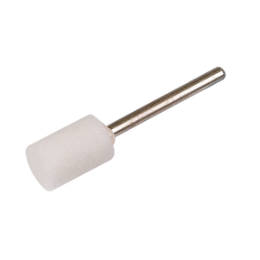 The Sealey Mounted Wheel Ø10 x 15mm Ø3mm Shaft - MW07 is a cylindrical white grinding stone head, ideal for sharpening, polishing, or grinding surfaces when used with a die grinder.