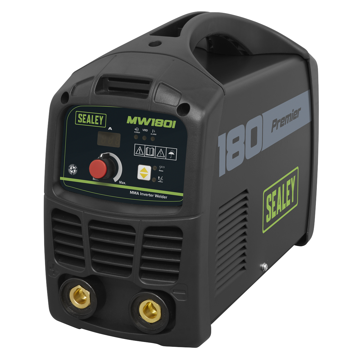 A Sealey Inverter Welder 180A 230V - MW180I featuring a black casing, digital display, control knob, and front connections, ideal for both MMA welding and Arc welding.