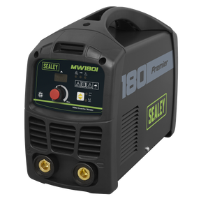 A Sealey Inverter Welder 180A 230V - MW180I featuring a black casing, digital display, control knob, and front connections, ideal for both MMA welding and Arc welding.