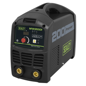 A close-up of a Sealey Inverter Welder 200A 230V - MW200I Premier in black, featuring control buttons and a digital display, compatible with a TIG accessory kit.