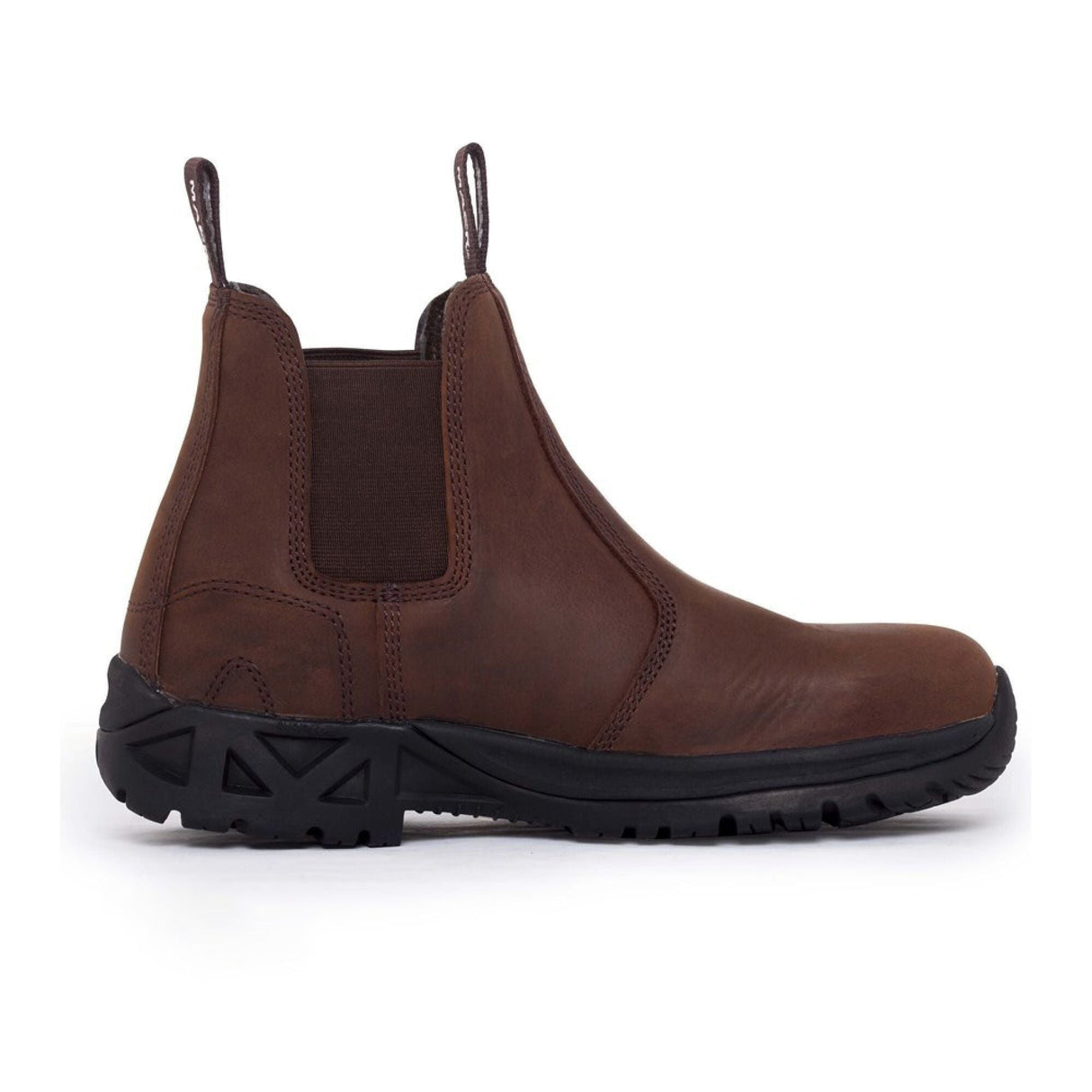 A single *SPECIAL PRICE* Mack Rider SB Safety Dealer Boot in dark brown by JMCE DEALS, UK Size 5, featuring side elastic panels and a black rubber sole with genuine cowhide leather, viewed from the side.