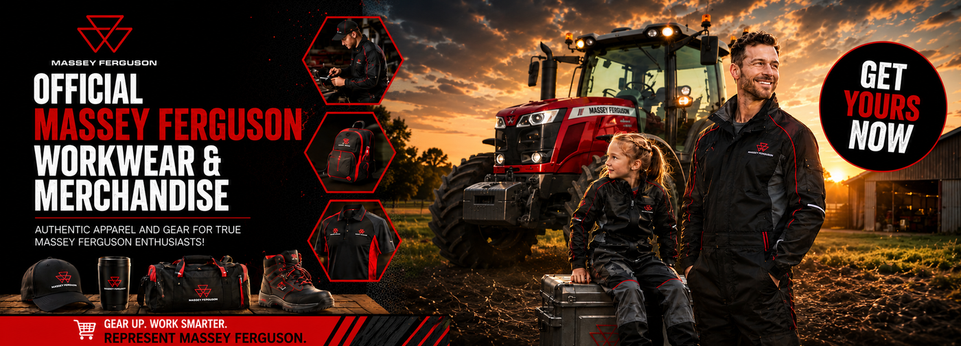 Massey Ferguson workwear advertisement with a tractor and two people in front of a sunset.