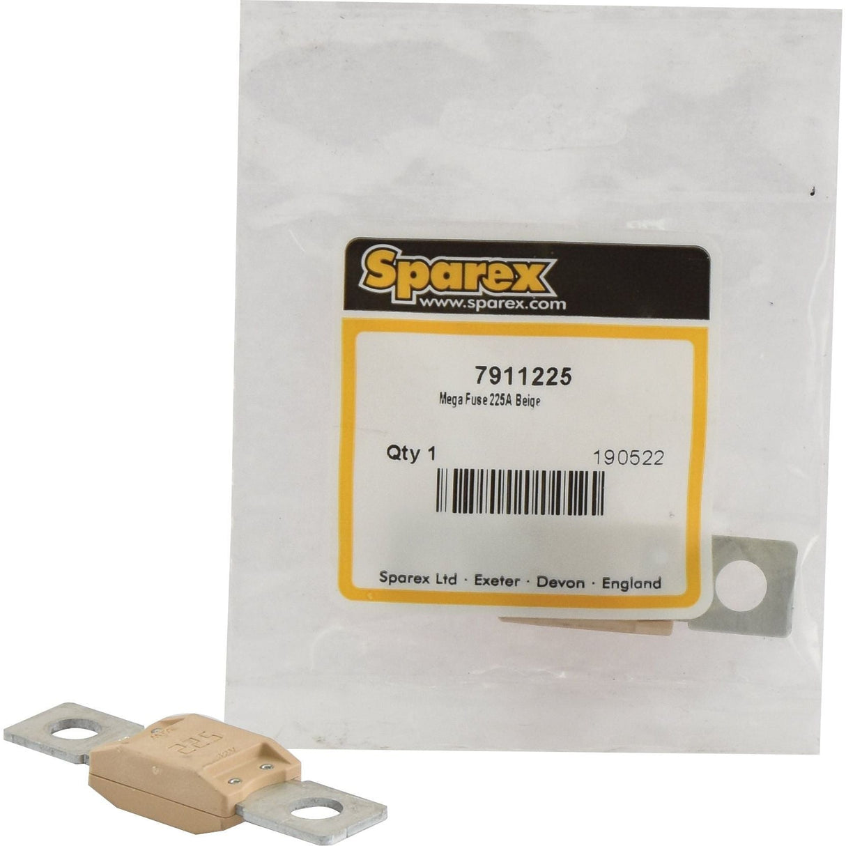 A beige Mega Fuse rated at 225 Amps sits next to its packaging. The packaging prominently displays the Sparex brand, part number S.7911225, and specifies a quantity of one with a manufacturing date of 190522.