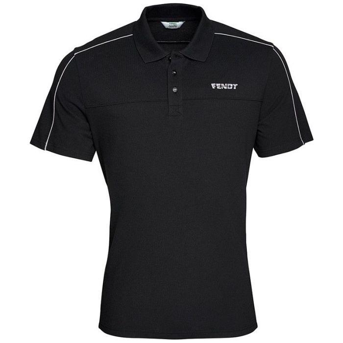The AGCO Fendt - Men's Poloshirt (X99101709) is a functional black polo shirt with white piping on the shoulders and the word "FENDT" embroidered in white on the left chest, featuring MTS Moisture Transport System for enhanced comfort.