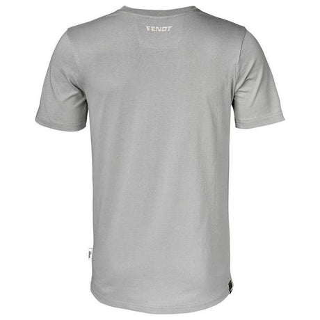Back view of the AGCO Fendt - Men's T-shirt Print - X99102017C, a gray pure cotton, round-neck T-shirt featuring a small label at the neck and a tag on the lower side seam.
