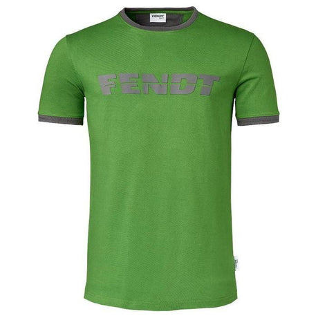 Green Fendt Men's T-shirt (X991020178) by AGCO, with a dark green collar and sleeve detailing, and "FENDT" printed in grey across the chest.