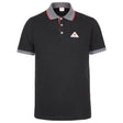 This stylish polo shirt from AGCO, the Massey Ferguson - Men's Polo (X993322162), comes in black with a gray collar and sleeve cuffs. It features the MF original logo on the chest and is made of 100% cotton. The shirt has a buttoned placket with red accents for added flair.