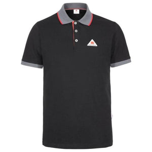 This stylish polo shirt from AGCO, the Massey Ferguson - Men's Polo (X993322162), comes in black with a gray collar and sleeve cuffs. It features the MF original logo on the chest and is made of 100% cotton. The shirt has a buttoned placket with red accents for added flair.