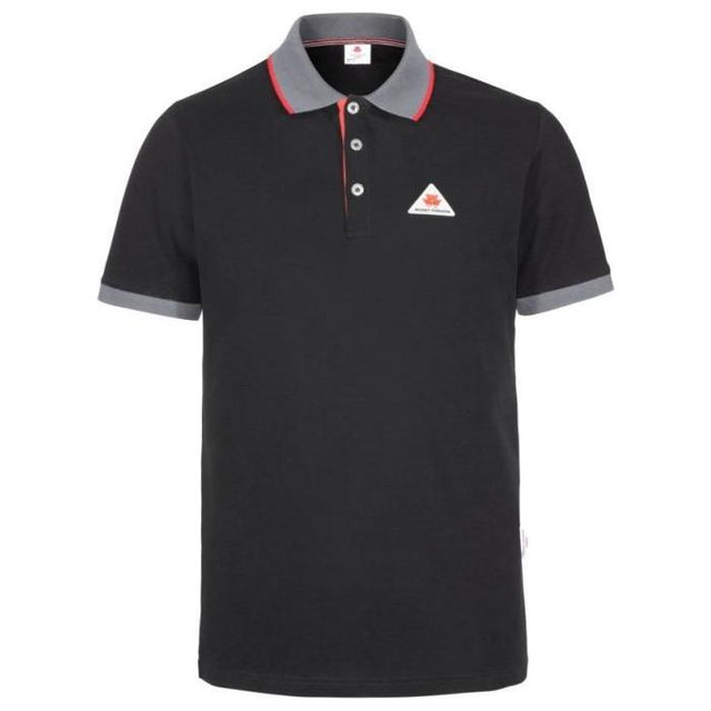 This stylish polo shirt from AGCO, the Massey Ferguson - Men's Polo (X993322162), comes in black with a gray collar and sleeve cuffs. It features the MF original logo on the chest and is made of 100% cotton. The shirt has a buttoned placket with red accents for added flair.