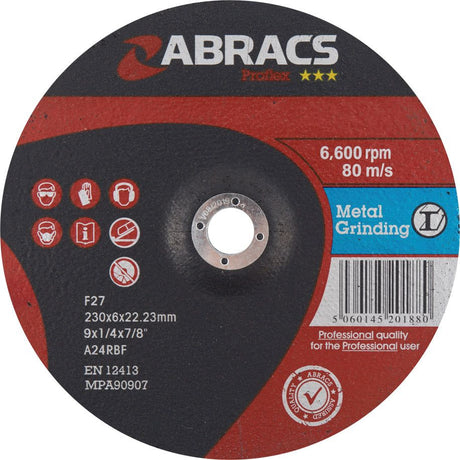 A round Sparex Metal Grinding Disc 230mm x 6mm x 22mm A24RBF - S.14229, labeled with essential information including 6,600 rpm, 80 m/s, and various certifications. Suitable for high-performance tasks with its red, black, and silver color scheme.