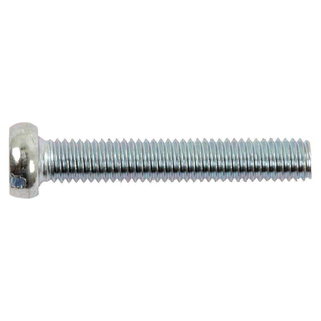 A close-up of the Sparex Metric Cheese Head Machine Screw, M5x30mm (DIN 84) (Sparex Part No.S.8329), with its stainless steel threaded shaft showcases the precision typical of M5 machine screws.