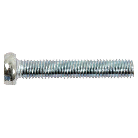 A close-up of the Sparex Metric Cheese Head Machine Screw, M5x30mm (DIN 84) (Sparex Part No.S.8329), with its stainless steel threaded shaft showcases the precision typical of M5 machine screws.