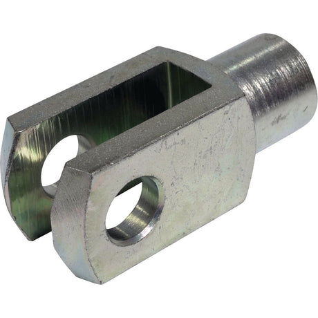 The Sparex Metric Clevis End M10 (DIN 71751) - Sparex Part No. S.51321 features a metal cylindrical base with two parallel arms, each with a hole suitable for an M10 pin or bolt.