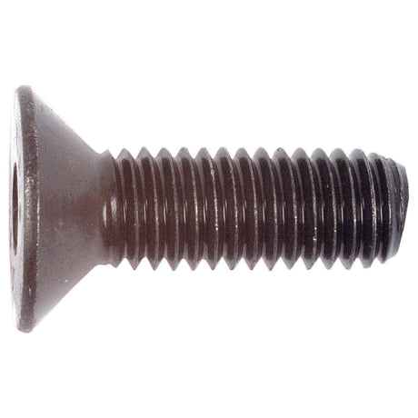 A black, self-colour, flat-head, countersunk machine screw with a threaded body, viewed from the side: Metric Countersunk Hexagon Socket Screw, M8x25mm (DIN 7991), Sparex Part No. S.11801 by Sparex.

