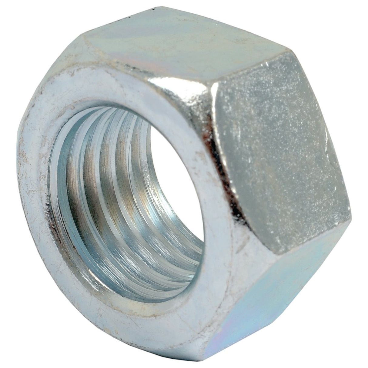 A close-up of the Sparex Metric Hexagon Nut, M22x2.50mm (DIN 934) Metric Coarse, Sparex Part No. S.6812, zinc-plated with internal threading.