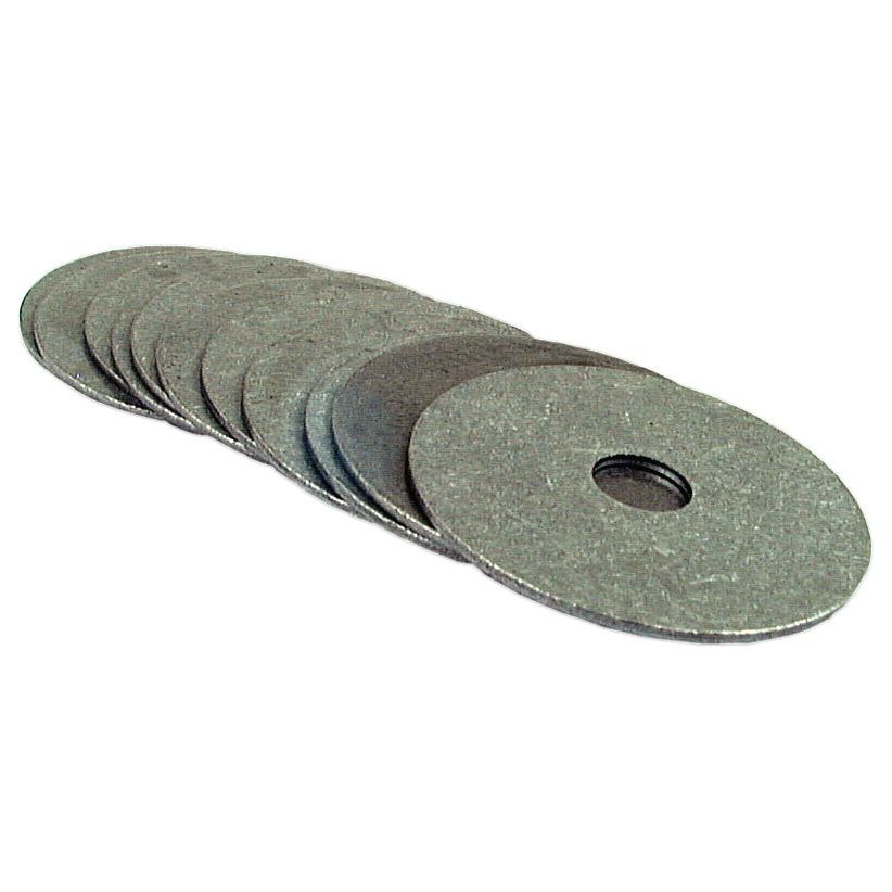 Stack of flat, round Metric Repair Washers (Sparex Part No. S.12399) with a 10mm ID and central holes, arranged in a slightly fanned out manner.