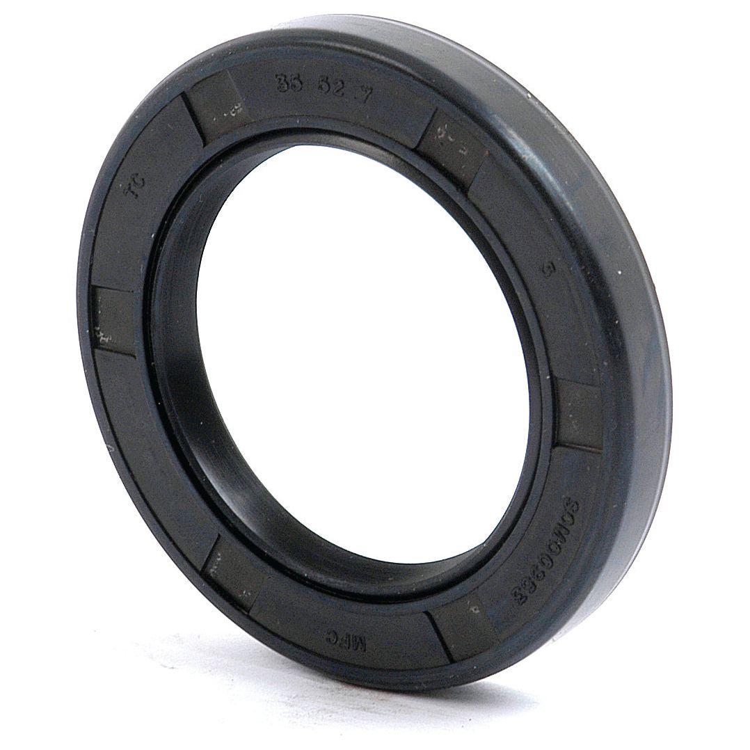 The Sparex Metric Rotary Shaft Seal, measuring 35 x 52 x 7mm with a double lip design (part number S.50275), is a black circular rubber oil seal featuring inscriptions and a visible inner metal ring, used in machinery to prevent leaks.