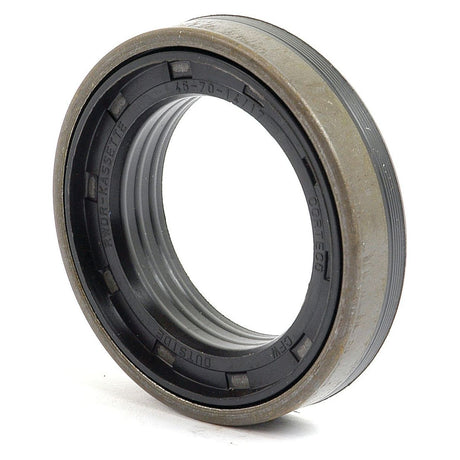 Close-up of the Sparex Metric Rotary Shaft Seal, 45 x 70 x 17mm (Part No. S.57269), featuring a rubber outer covering and internal ridges, commonly used in machinery such as Massey Ferguson tractors to prevent fluid or contaminant leakage.