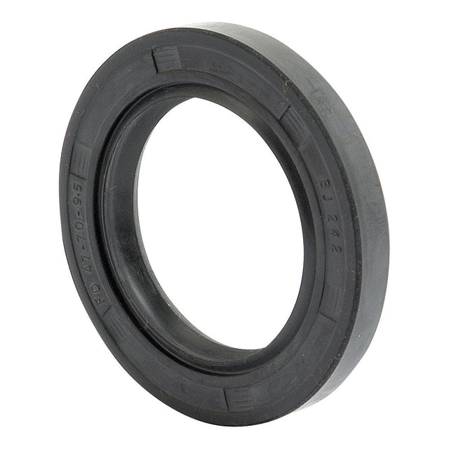 The Sparex Metric Rotary Shaft Seal, 47 x 70 x 9.5mm (Part No. S.2973), is a black rubber oil seal with a circular shape, featuring a lip and markings along the outer edge, ideal for Massey Ferguson tractors.