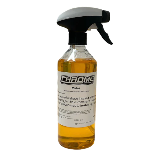 A 500ML spray bottle labeled "Chrome - Midas" from JMCE, containing an aftershave-inspired air freshener infused with citrus and honey undertones, designed to refresh rooms and act as a Re Odouriser.