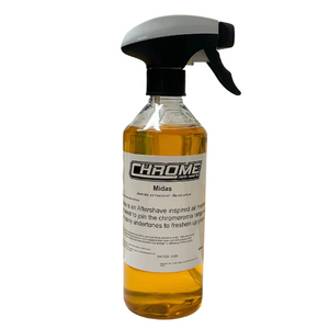 A 500ML spray bottle labeled "Chrome - Midas" from JMCE, containing an aftershave-inspired air freshener infused with citrus and honey undertones, designed to refresh rooms and act as a Re Odouriser.