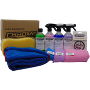 The JMCE Chrome - Mini Cleaning Kit, showcased with a variety of cleaning products, microfibre cloths, a sponge, and packaged in a cardboard box labeled "Chrome," includes everything you need to keep your vehicle spotless.