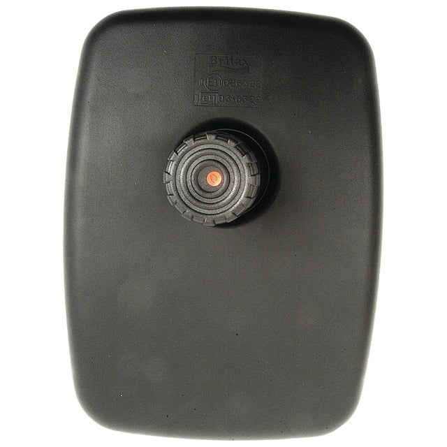 A close-up view of a rectangular, black plastic object with a circular knob at the center, inscribed with "Sparex Mirror Head - Rectangular, Convex, 330 x 240mm, RH & LH - S.39705.