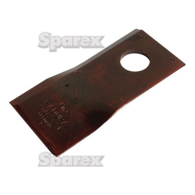 A Sparex twisted mower blade, measuring 105 x 48 x 4 mm, with a sharp, parallel bottom edge for precise cuts. The brown metal blade has a large 19mm circular hole and is branded "SPAREX," making it a suitable replacement for Claas part number 9492421.