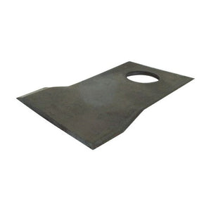 A flat, rectangular metal sheet with a single round hole near the top right corner and tapered bottom edges, ideal for a Rasspe Fitting, described as the Mower Blade - Twisted blade, bottom edge sharp & parallel - 94 x 48x3mm - Hole Ø19mm - LH by Sparex (Sparex Part No. S.77114), is perfect for replacing parts in PZ, Krone, Vicon, Kuhn machinery and to fit as TF71.