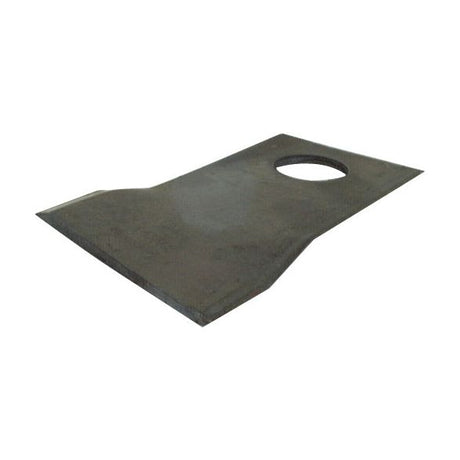 A flat, rectangular metal sheet with a single round hole near the top right corner and tapered bottom edges, ideal for a Rasspe Fitting, described as the Mower Blade - Twisted blade, bottom edge sharp & parallel - 94 x 48x3mm - Hole Ø19mm - LH by Sparex (Sparex Part No. S.77114), is perfect for replacing parts in PZ, Krone, Vicon, Kuhn machinery and to fit as TF71.