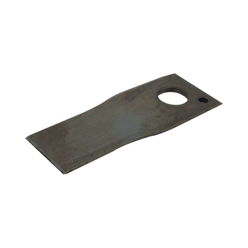 A rusty metal blade with two holes, one large and one small, likely a Sparex Mower Blade - Twisted blade, top edge sharp & parallel (107 x 48x4mm) with Ø18.5mm hole, RH, replacement for Vicon to fit as 90261560 (Sparex Part No. S.77122), is laying on a white surface.