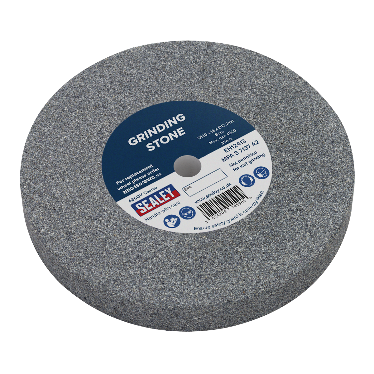 The Sealey Grinding Stone Ø150 x 16mm Ø13mm Bore A36Q Coarse - NBG150/GWC comes in grey with a blue and white label detailing product information. This 150mm aluminium oxide stone is ideal for general-purpose applications, offering versatility and durability to ensure reliability for various tasks.