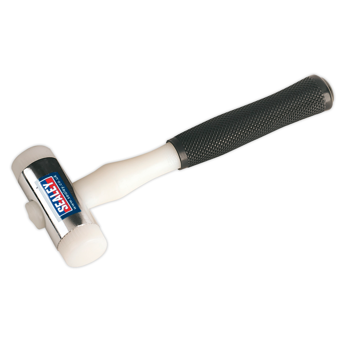 The Sealey Hammer Nylon Faced 1.25lb - NFH15 is a versatile white mallet with a black, textured handle and features the brand "Sealey" on the head. This Premier Hand Tools product boasts chrome-plated zinc heads and interchangeable nylon faces for added durability and adaptability.