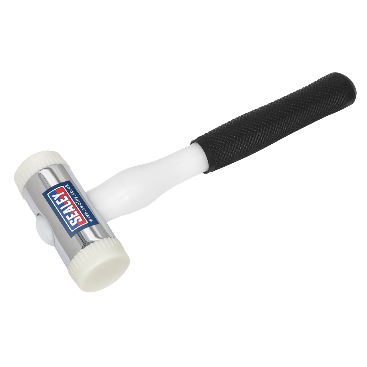 The Sealey Hammer Nylon Faced 1.75lb - NFH175, designed for daily professional use, features a durable black grip handle and a chrome plated zinc head as part of the Premier Hand Tools collection.