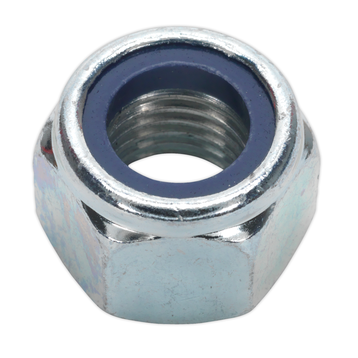 Close-up of the Sealey Nylon Locknut M16 Zinc (Pack of 25 - NLN16), featuring a blue nylon insert ring. The metallic silver nut, compliant with DIN 982 standards, ensures secure fastening.